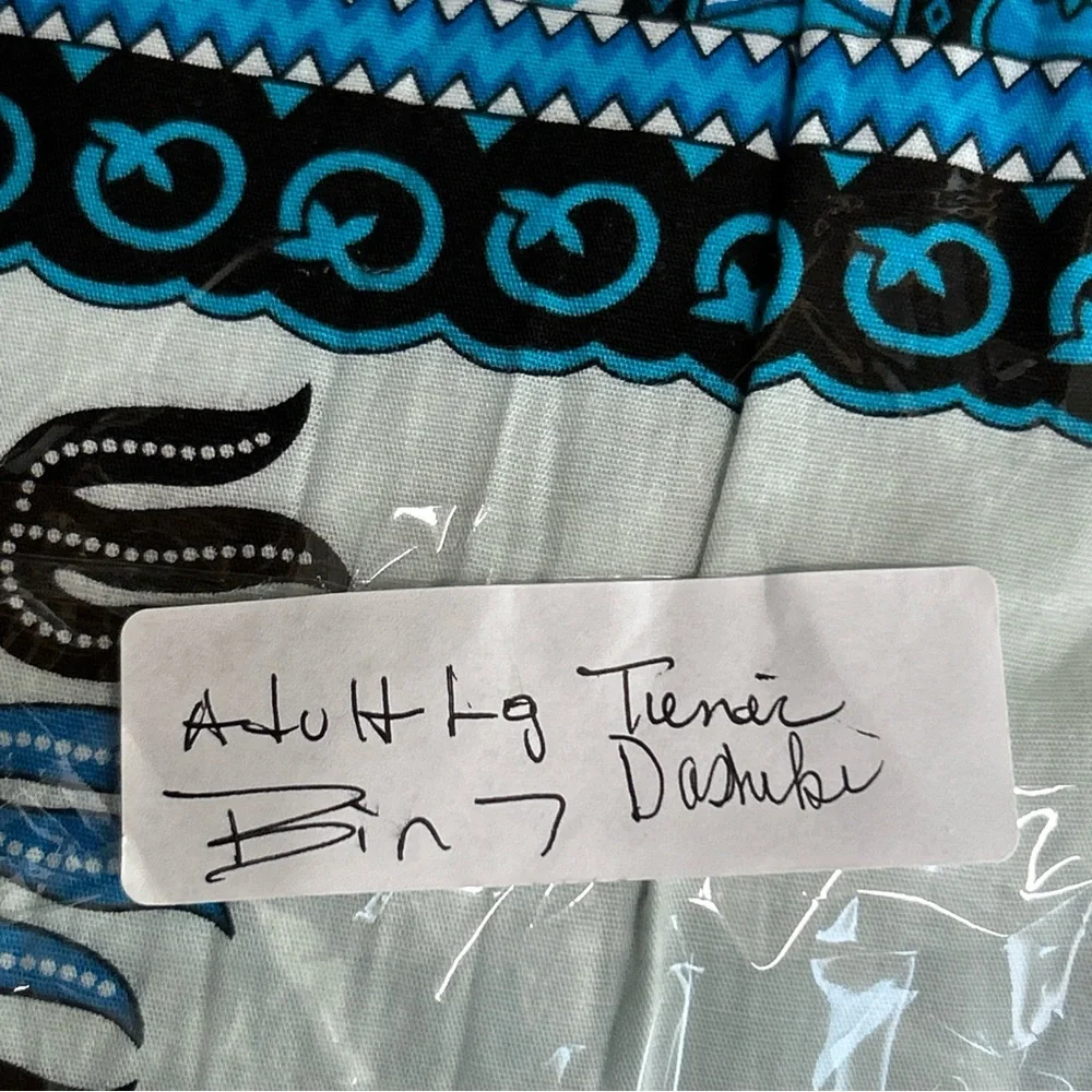 RaanPahMaung Unisex Large Dashki Blue White Pockets Cotton Tribal Short Sleeve‎